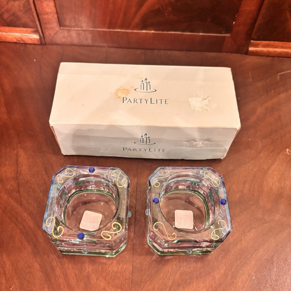 PartyLite Mardi Gras Tealight Candle Holders Set‎ 2 Retired Glass Boxed